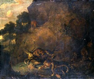 Tigers attacking a stag in rocky landscape