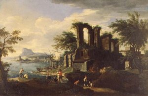 An Italian coastal landscape with fisherfolk