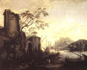 River landscape with boats and ruins