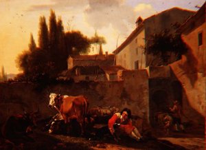 A Shepherd and cattle in the courtyard of an Italian farm