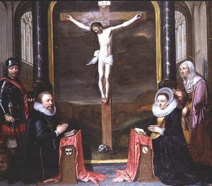 A Crucifixion with Portraits of the Donors Adriaen Meusyenbroeck and his Wife, Anna Elant, Attended by St. Adrian and St. Elizabeth, 1618