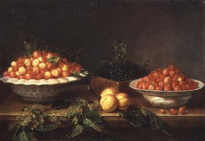 Still-life with fruit in porcelain dishes and a wooden box