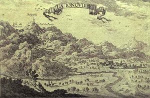 View of La Junquera with the river Llobregat and the Panisar and Pertus passes and Belgarde Castle in the background during the Negotiations of the Franco-Hispanic Treaty of the Pyrenees in 1659