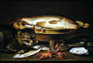 A still life with carp in a ceramic colander, oysters, crayfish, roach and a cat on the ledge beneath