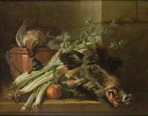 A Dead Mallard, a Boars Head, Celery and a Copper Pot on a Ledge