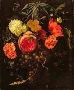 Still Life with a Swag of Fruits and Flowers Tied with a Blue Ribbon