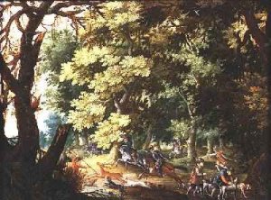 A Wooded Landscape with Hunters and Hounds