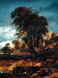 Moonlit wooded landscape with a couple conversing