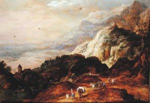 A Mountainous Landscape with Figures and Mules