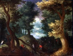 Woodland Scene with a Stag Hunt