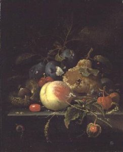 Still Life of Fruit and Nuts on a Stone Ledge