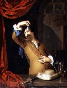 A Cavalier Standing at a Window Examining a Roemer