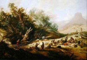 Hilly landscape with shepherds and their herd near a stream