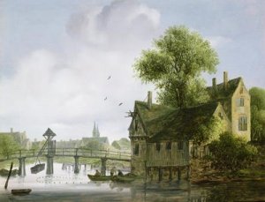 A Town on a river with a bridge