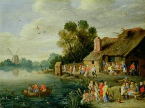 River Landscape with Gentry at a Village Inn