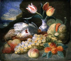 Still Life with Fruit and Parrot Tulips in a Vase