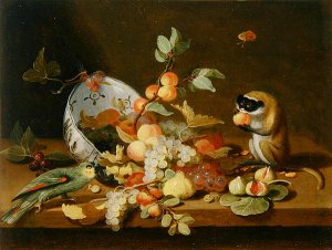 Grapes and Peaches Spilling from an Overturned Delft Bowl