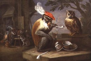 A monkey smoking and drinking with an owl