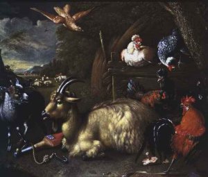 Goat with Other Animals and Birds in a Landscape