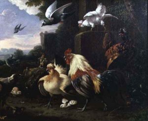 A cockerel and other fowl in a landscape