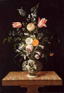 Vase with Relief and Flowers on a Marble Table