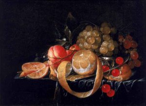 A Still Life with a lemon grapes cherries and apricots on a pewter plate