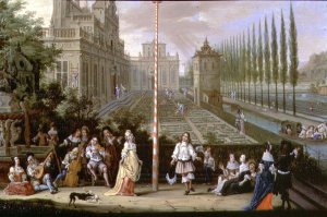 Detail of elegant figures playing musical instruments around a maypole