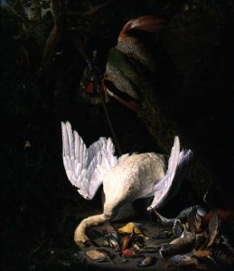 A Hung White Swan Peacock and Other Dead Game in a Landscape