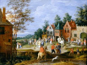 A village scene with figures dancing and merrymaking