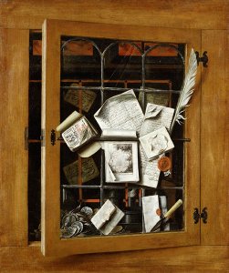 A trompe loeil of an open glazed cupboard door with numerous papers and objects