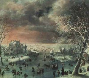 A winter landscape with figures on the ice