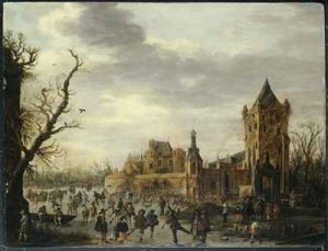 A View of Kasteel Batestein Vianen in Winter with a Gentleman, his Wife and Retinue Watching Winter Sports on the Ice