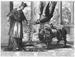 Allegory in praise of Cardinal Richelieu 1585-1642 fighting against Austria the eagle Spain the lion and the enemies within France the caterpillars