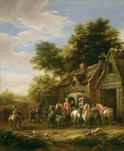 Landscape with travellers beside a cottage