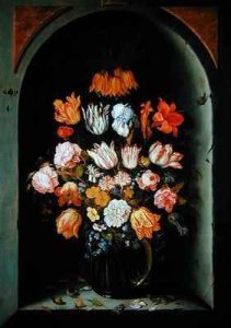 Still life of flowers in a niche with insects reptiles and flower petals