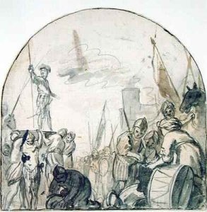 Brinio being Raised on his Shield by his Warriors