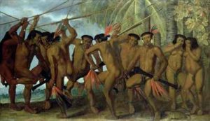 Tapuya men of North Eastern Brazil in war dance