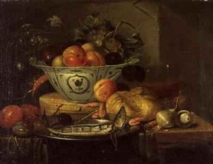 Still life with fruit a blue and white porcelain bowl a herring on a pewter plate a glass beaker shrimps and onions