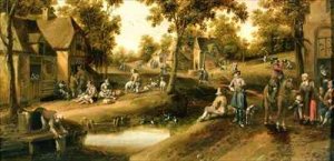 A Village Scene with Peasants on Banks of a Stream