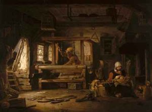 Interior of a Weavers Cottage with a Mother and Child