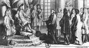 Members of the French Academy presenting the dictionary to Louis XIV 1638-1715 in 1694