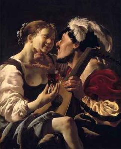 A luteplayer carousing with a young woman