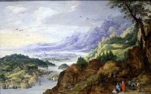 Mountainous coastal landscape with travellers at rest