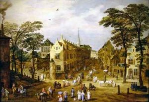 A view of a Flemish street with townsfolk and waggoners