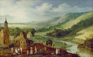 An extensive river landscape with peasants gathering the harvest