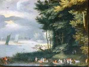 Banks of a Lake with Figures embarking in row-boats