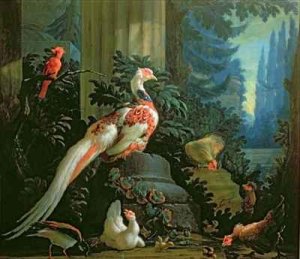 A White Pheasant, a Red Cardinal and Fowl in a Landscape