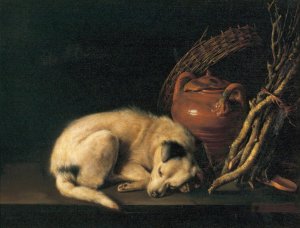 Sleeping Dog With Terracotta Jug  Basket And Kindling Wood