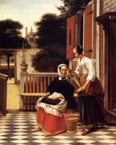 Woman and a Maid with a Pail in a Courtyard