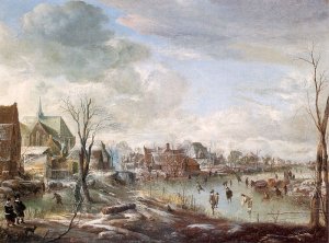 A Frozen River near a Village, with Golfers and Skaters 1648